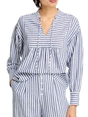 Aqua Blue & White Striped V-Neck Peasant Blouse Size S Linen Blend